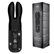 Чёрный вибратор с ушками The Pocket Rabbit, украшенный кристаллами
