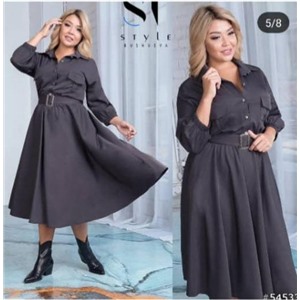 Платье SIZE PLUS с поясом тем-серое RH106