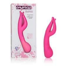 Розовый вибромассажер Impress™ Dual Kiss со стимуляцией клитора - 15 см.